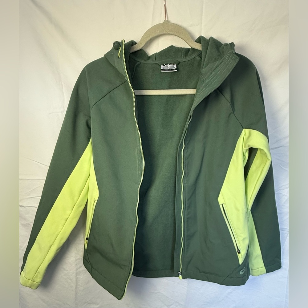ASICS Women’s Hooded Softshell Jacket Green Full Zip Running Jacket Size S